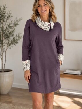 Grey Long Sleeve Tunic Dress with Printed Cuff and Collar